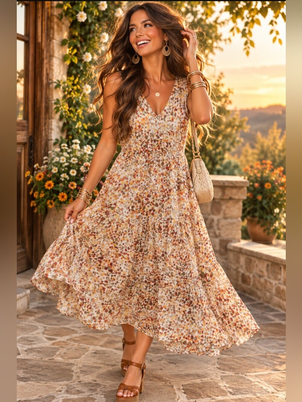 MAGGY LONDON Sleeveless Printed Midi V-Neck Floral Dress in Fall Colors; Size 6